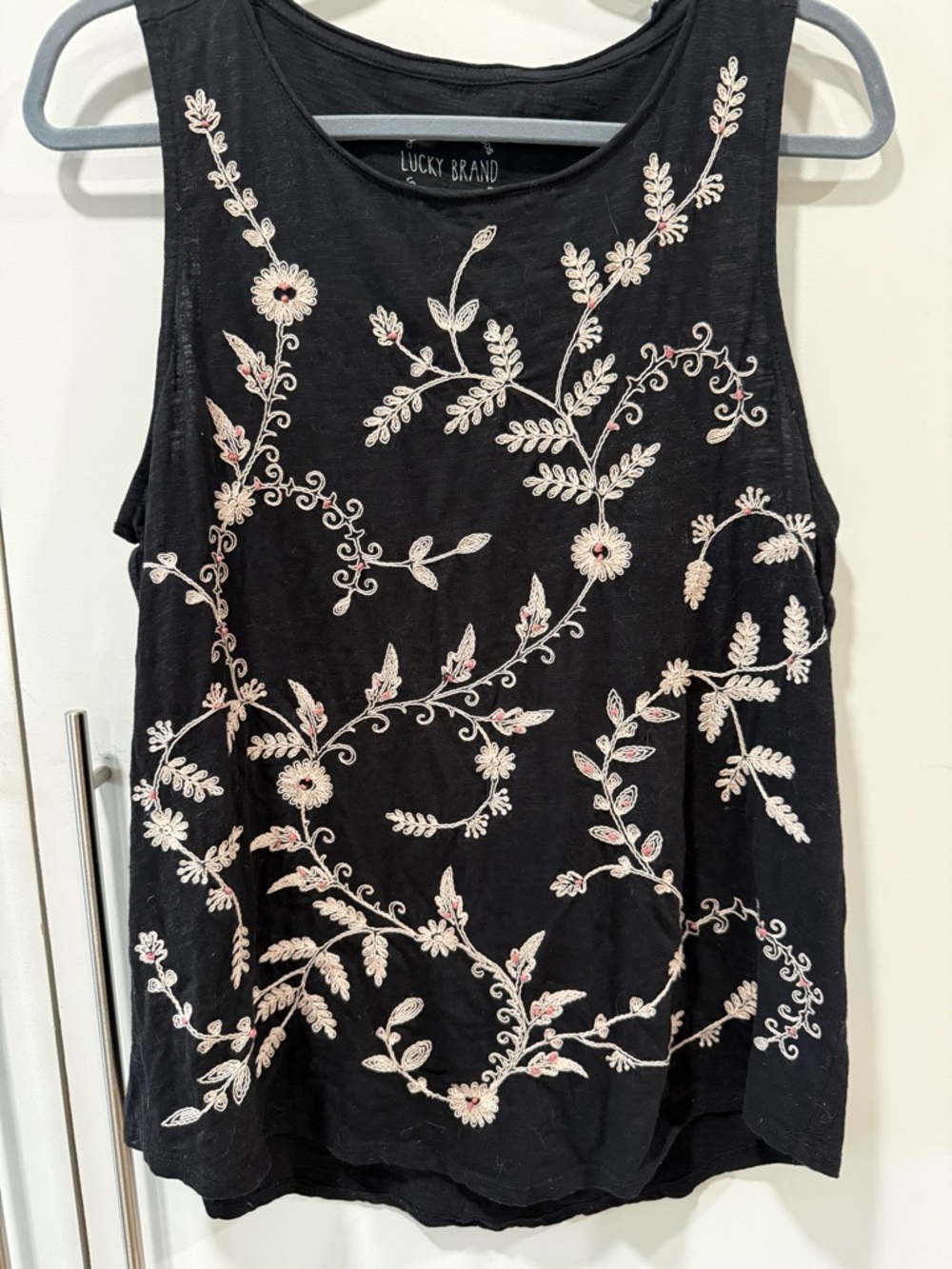 Lucky Brand Black Tank with Cream Floral Embroidery